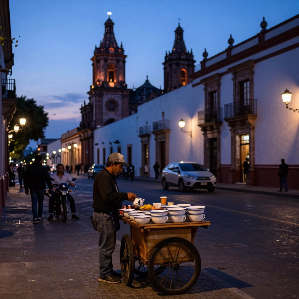 Twilight Street Scene in Guadalajara Mexico with Enamel Bowls and Coffee Grinder in in Guadalajara, Mexico