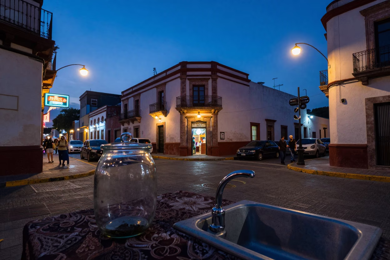 Twilight Street Scene in Guadalajara Mexico with Glass Jar and Sink in in Guadalajara, Mexico