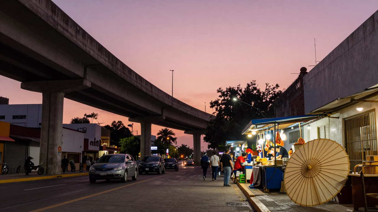 Twilight Street Scene in Guadalajara Mexico with Highway Flyover and Urban Details in in Guadalajara, Mexico