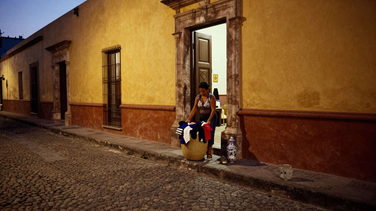 Twilight Street Scene in Guadalajara Mexico with Laundry Basket and Porcelain Jar in in Guadalajara, Mexico