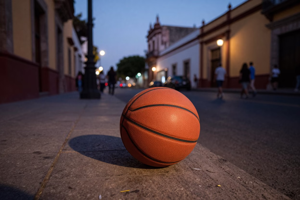 Twilight Street Scene in Guadalajara Mexico with Leather Basketball and Dusting Cloth in in Guadalajara, Mexico