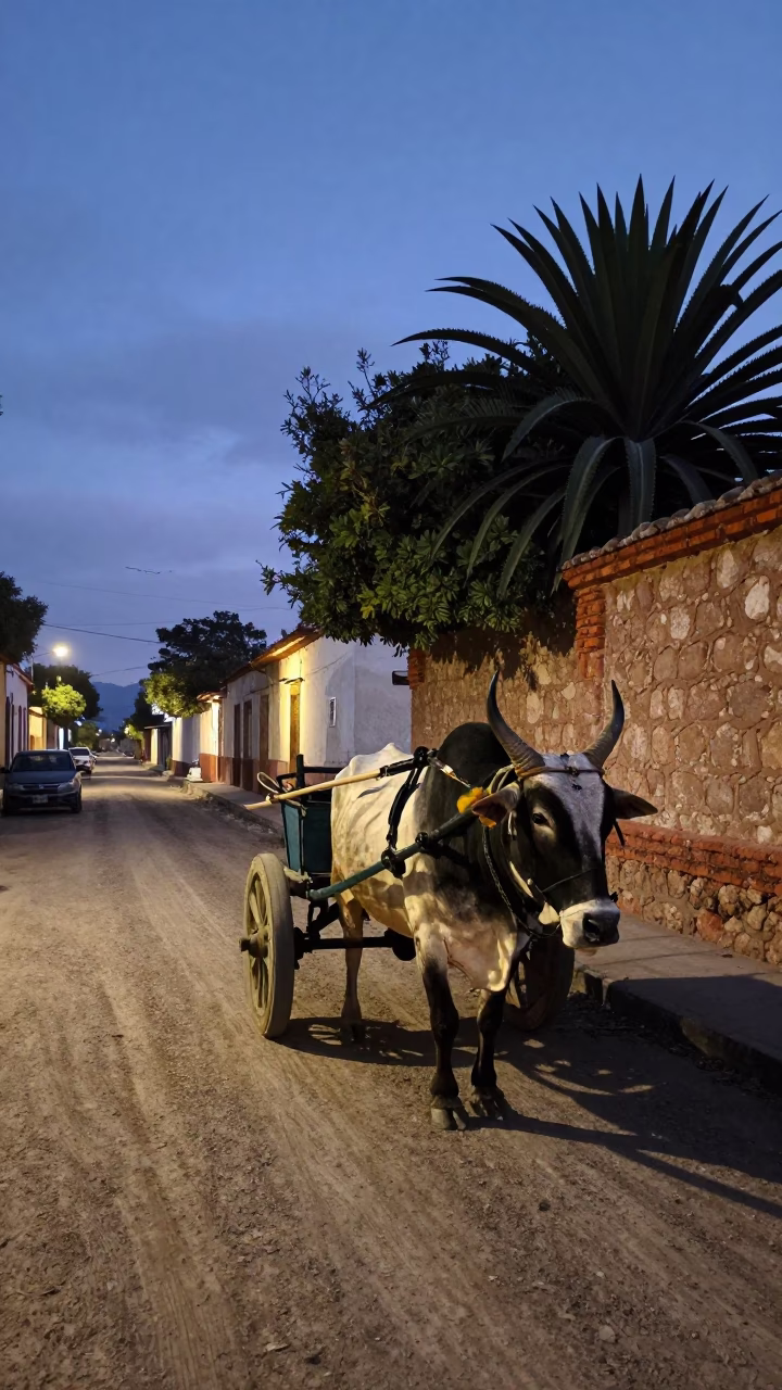 Twilight Street Scene in Guadalajara Mexico with Ox Cart and Echeveria in in Guadalajara, Mexico