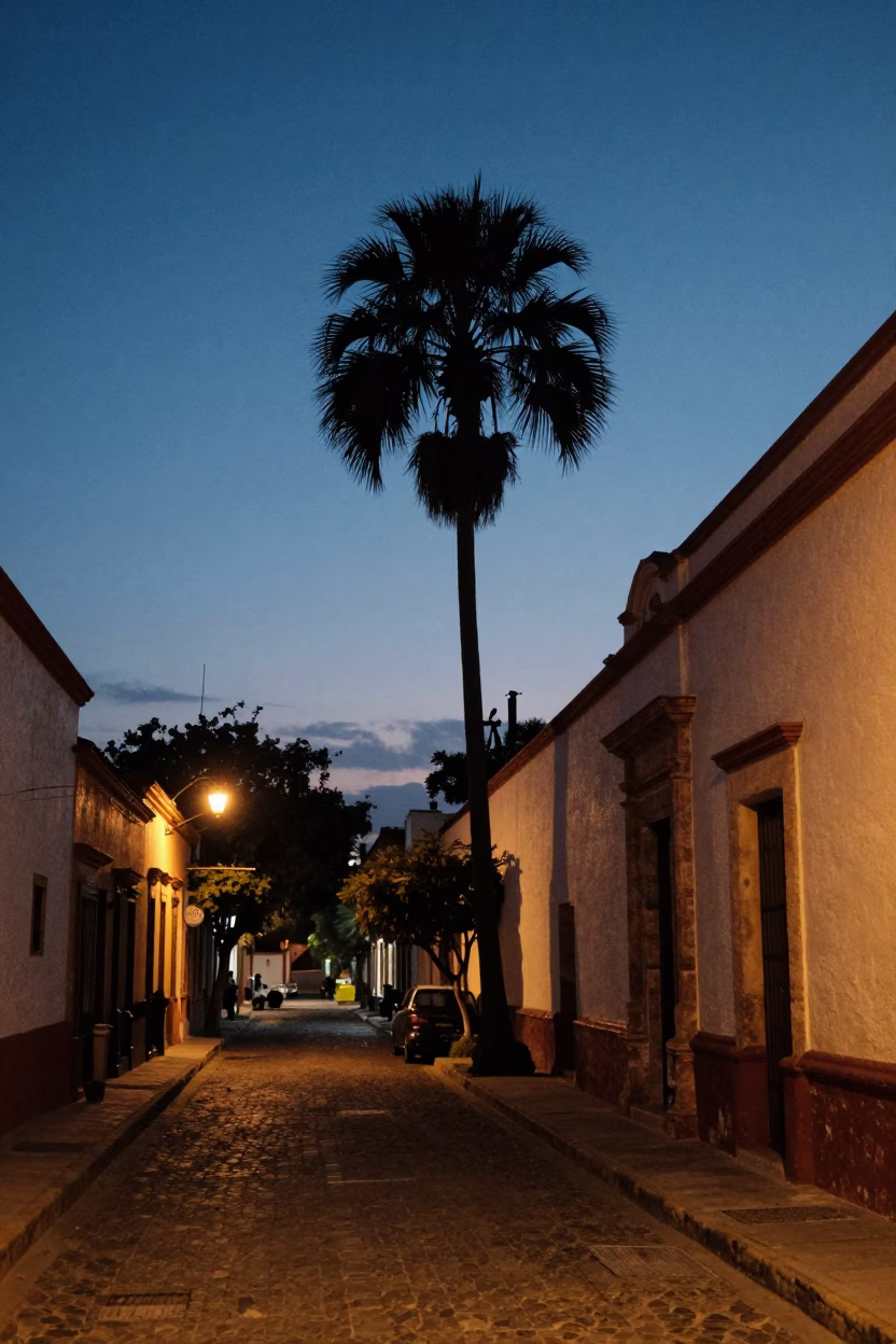 Twilight Street Scene in Guadalajara Mexico with Palm Tree Silhouette and Iron Deadbolt in in Guadalajara, Mexico
