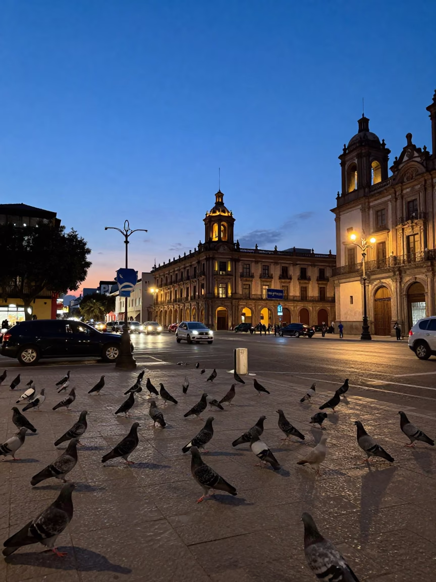 Twilight Street Scene in Guadalajara Mexico with Pigeons and Urban Architecture in in Guadalajara, Mexico