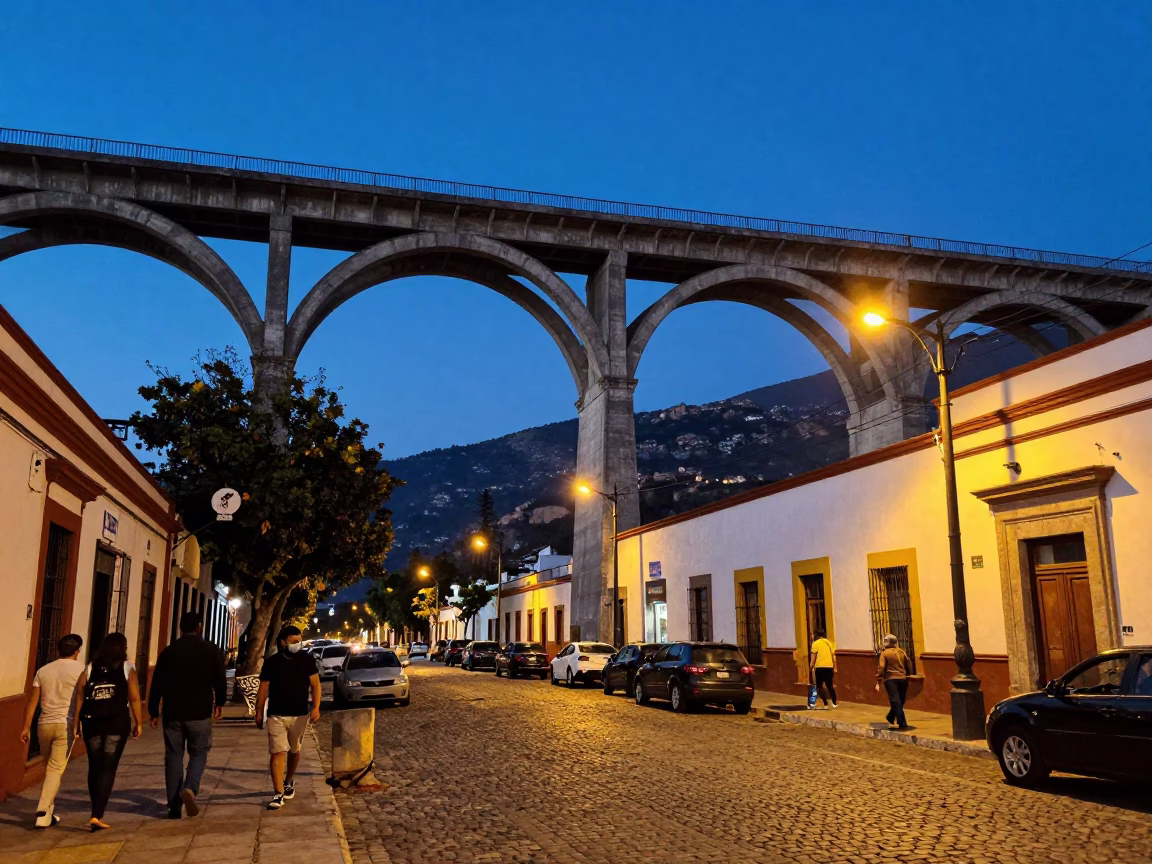 Twilight Street Scene in Guadalajara Mexico with Railway Viaduct Arches in in Guadalajara, Mexico