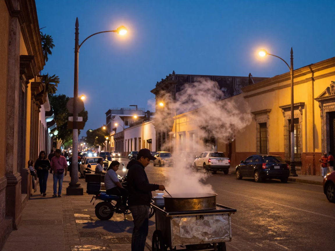 Twilight Street Scene in Guadalajara Mexico with Steam Haze and Local Life in in Guadalajara, Mexico