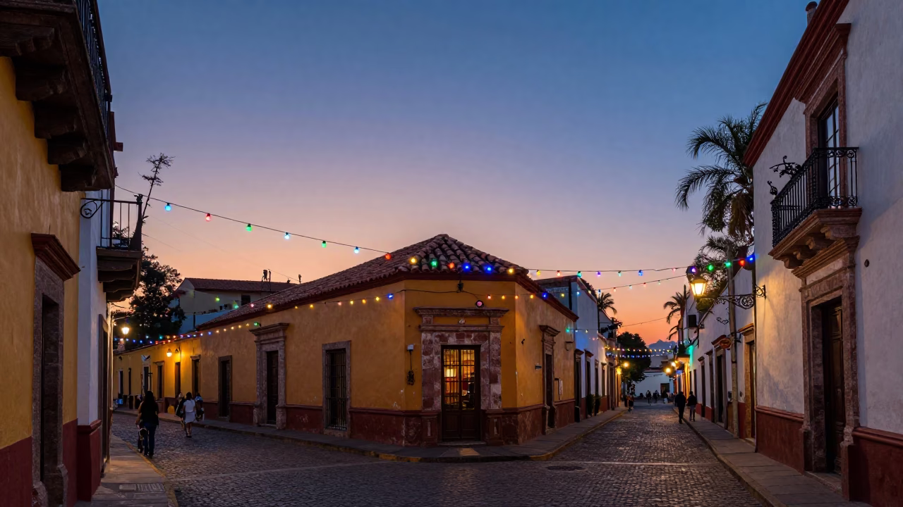 Twilight Street Scene in Guadalajara Mexico with String Lights and Local Vendors in in Guadalajara, Mexico
