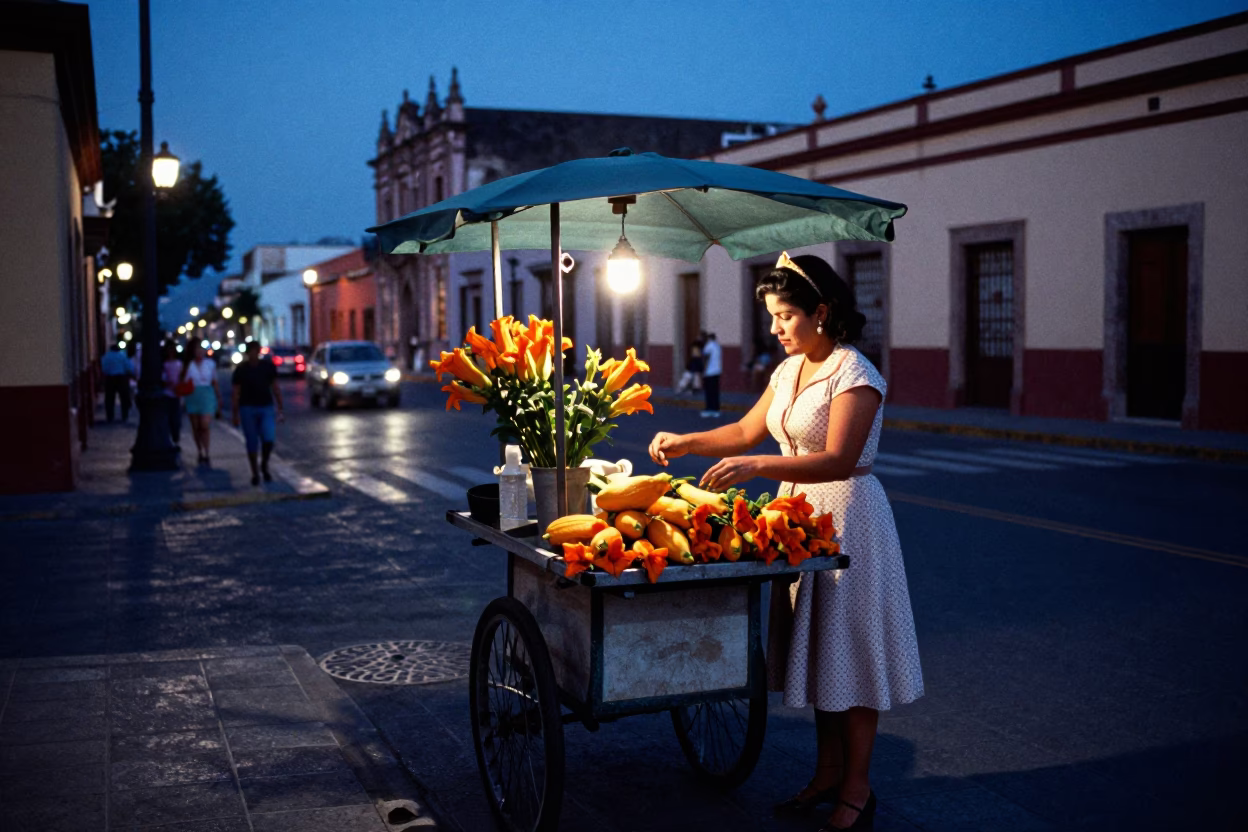 Twilight street scene in Guadalajara Mexico with vintage 1960s aesthetic and local commerce in in Guadalajara, Mexico