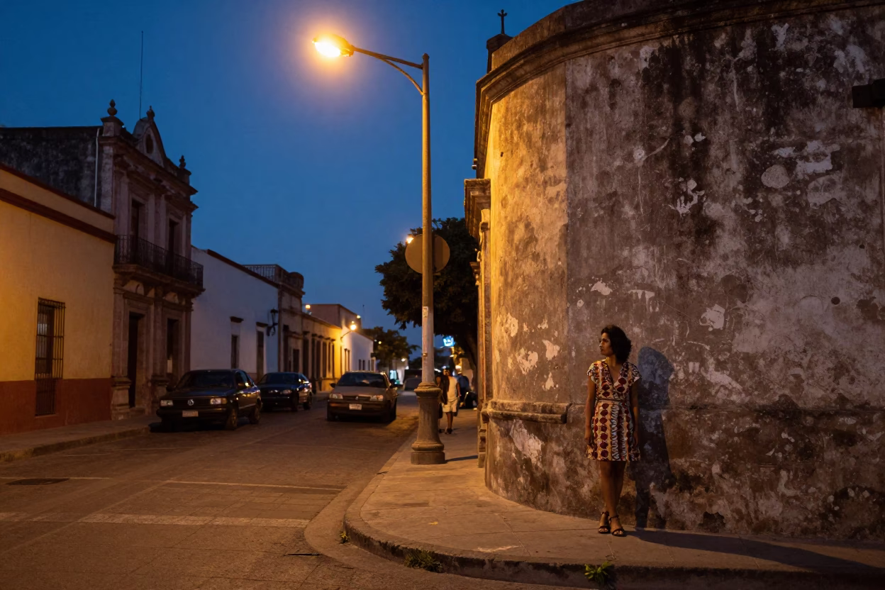 Twilight street scene in Guadalajara Mexico with vintage 1970s aesthetic and local architecture in in Guadalajara, Mexico
