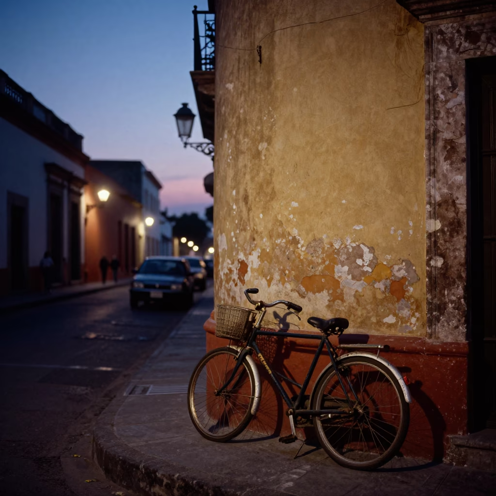Twilight Street Scene in Guadalajara Mexico with Vintage Bicycle and Urban Details in in Guadalajara, Mexico