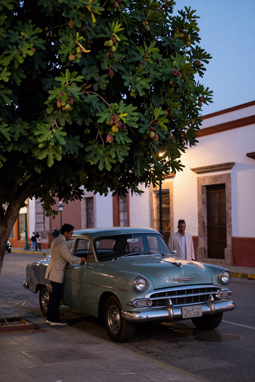 Twilight Street Scene in Guadalajara Mexico with Vintage Car and Fig Tree in in Guadalajara, Mexico