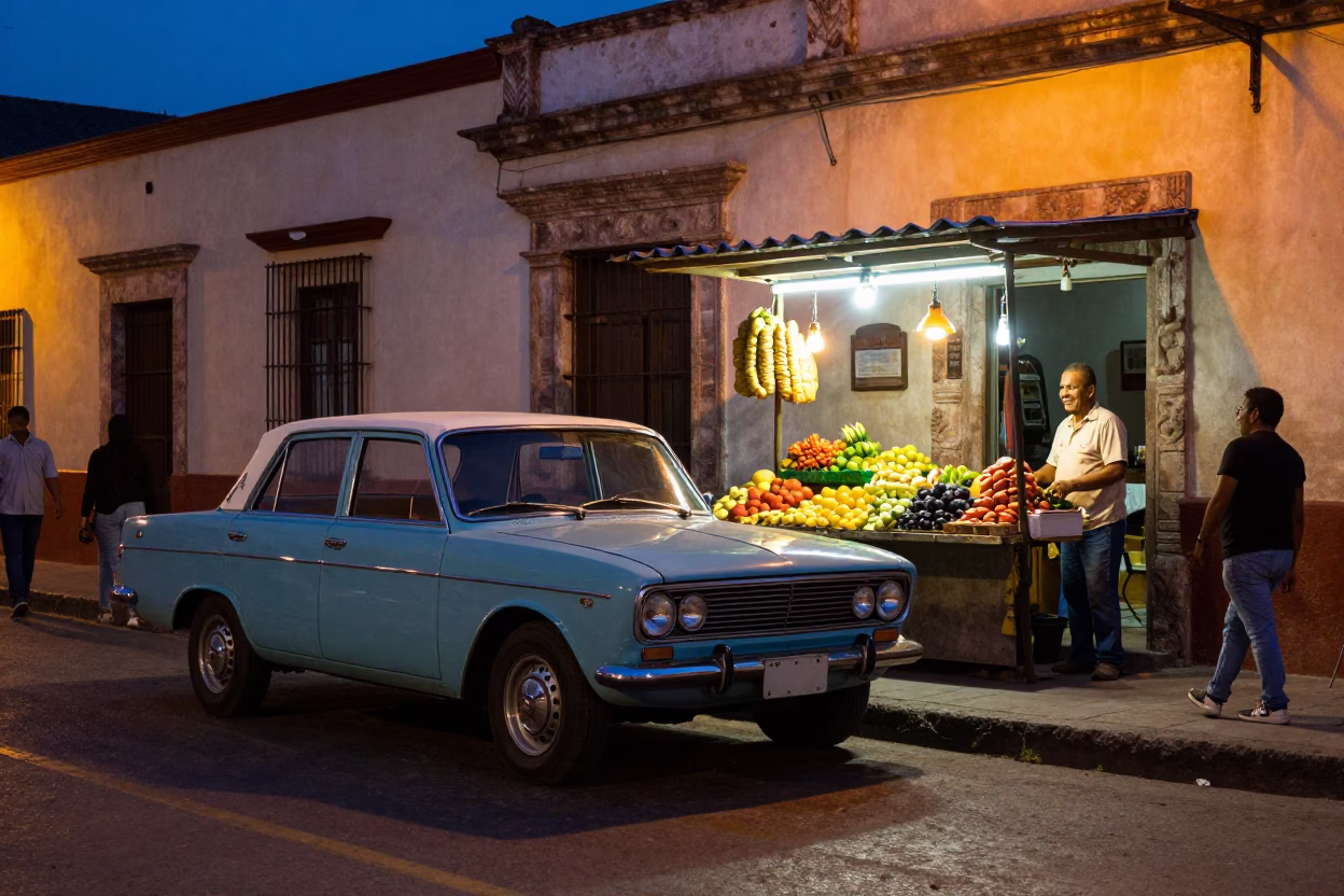 Twilight Street Scene in Guadalajara Mexico with Vintage Car and Local Vendor in in Guadalajara, Mexico