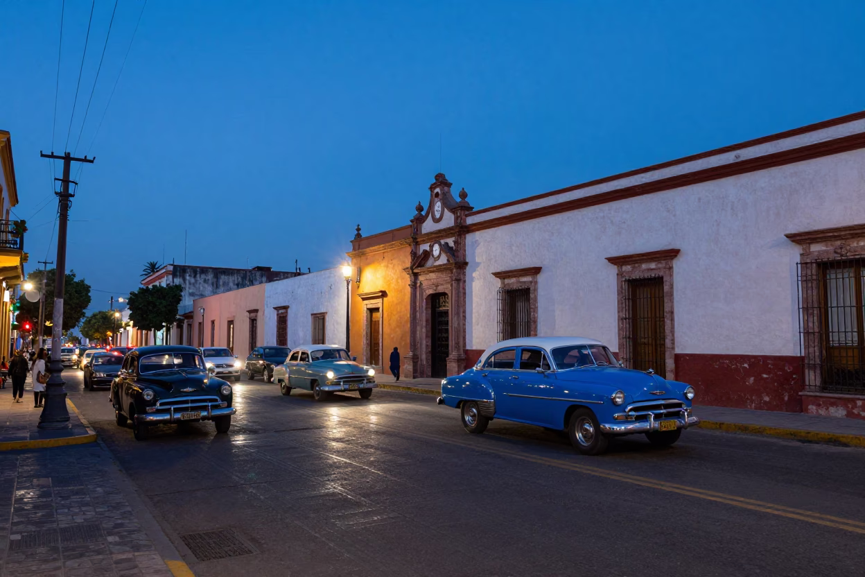 Twilight Street Scene in Guadalajara Mexico with Vintage Cars and Local Traffic in in Guadalajara, Mexico