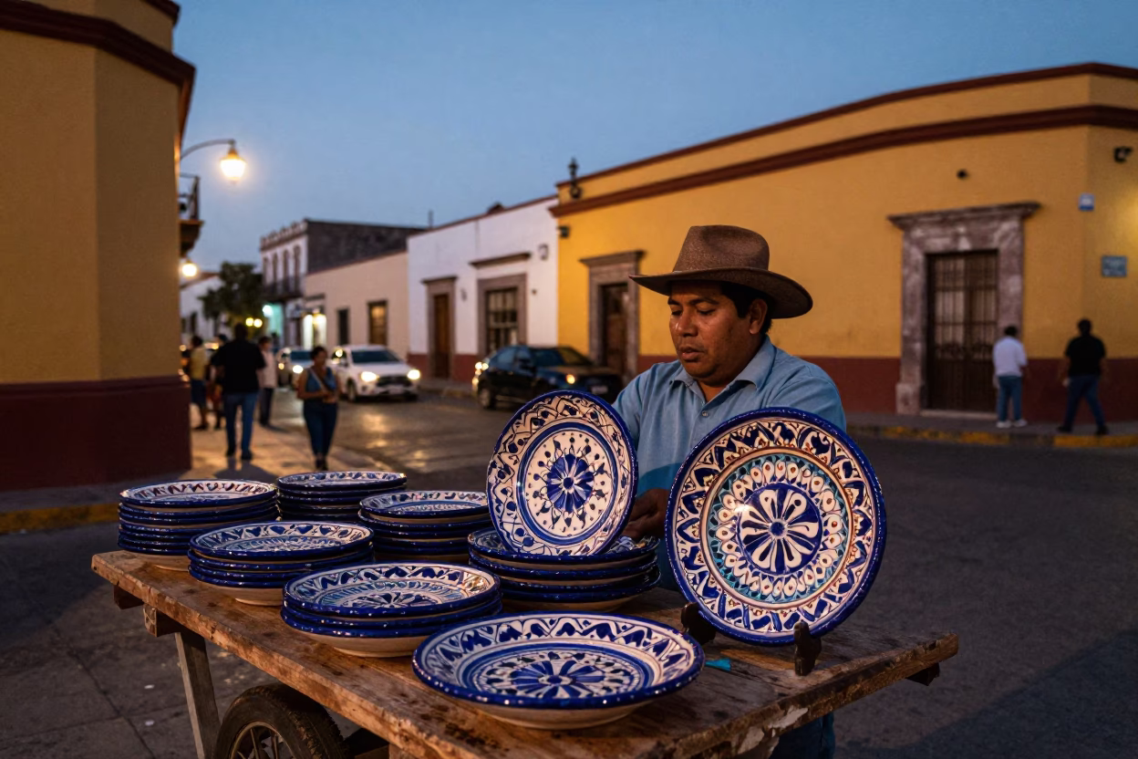 Twilight Street Scene in Guadalajara Mexico with Vintage Majolica Plate and Sketchbook in in Guadalajara, Mexico