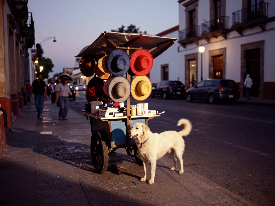 Twilight Street Scene in Guadalajara Mexico with White Dog and Sun Hats in in Guadalajara, Mexico