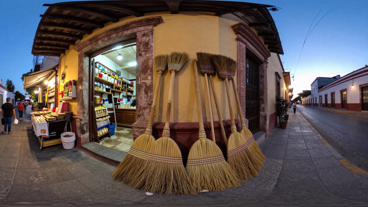 Twilight street scene in Guadalajara Mexico with wooden brooms and frangipani tree in in Guadalajara, Mexico