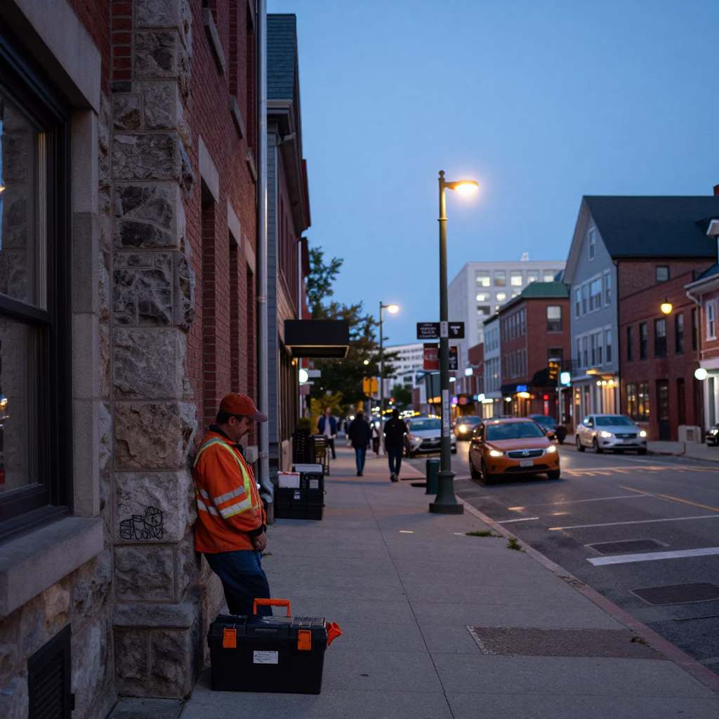 Twilight Street Scene in Halifax Nova Scotia with Toolbox and Urban Details in in Halifax, Nova Scotia, Canada