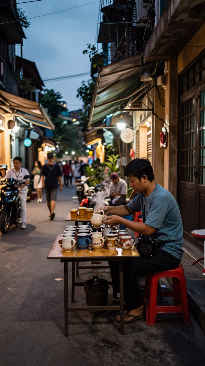 Twilight Street Scene in Hanoi Vietnam with Ceramic Mugs and Watering Jug in in Hanoi, Vietnam
