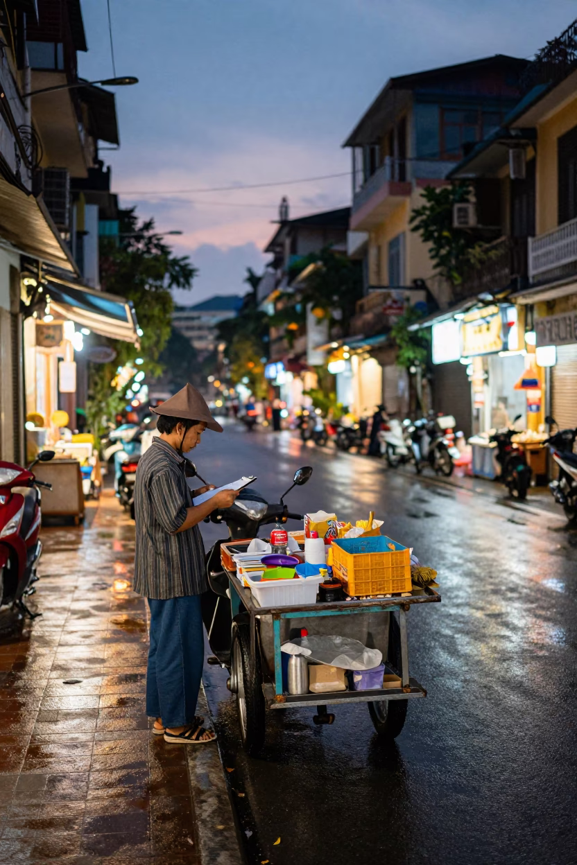 Twilight Street Scene in Hanoi Vietnam with Clipboard and Urban Details in in Hanoi, Vietnam