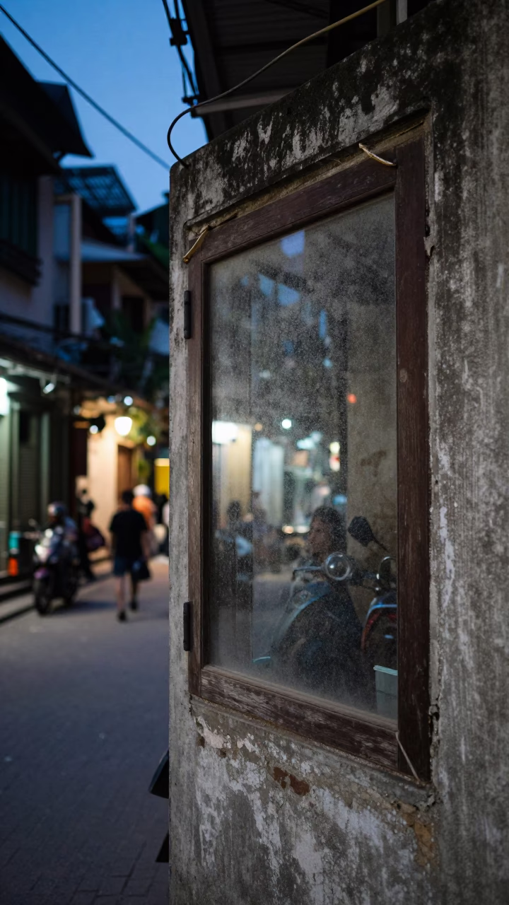 Twilight Street Scene in Hanoi Vietnam with Dusty Window and Water Stains in in Hanoi, Vietnam