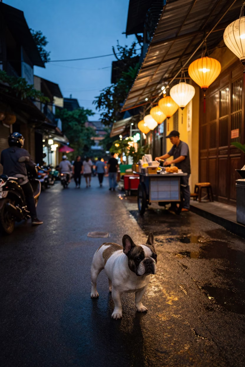 Twilight Street Scene in Hanoi Vietnam with French Bulldog and Local Street Food Vendor in in Hanoi, Vietnam