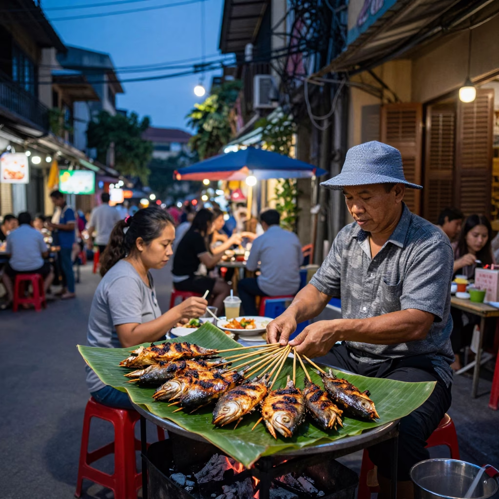 Twilight Street Scene in Hanoi Vietnam with Grilled Fish and Local Diners in in Hanoi, Vietnam