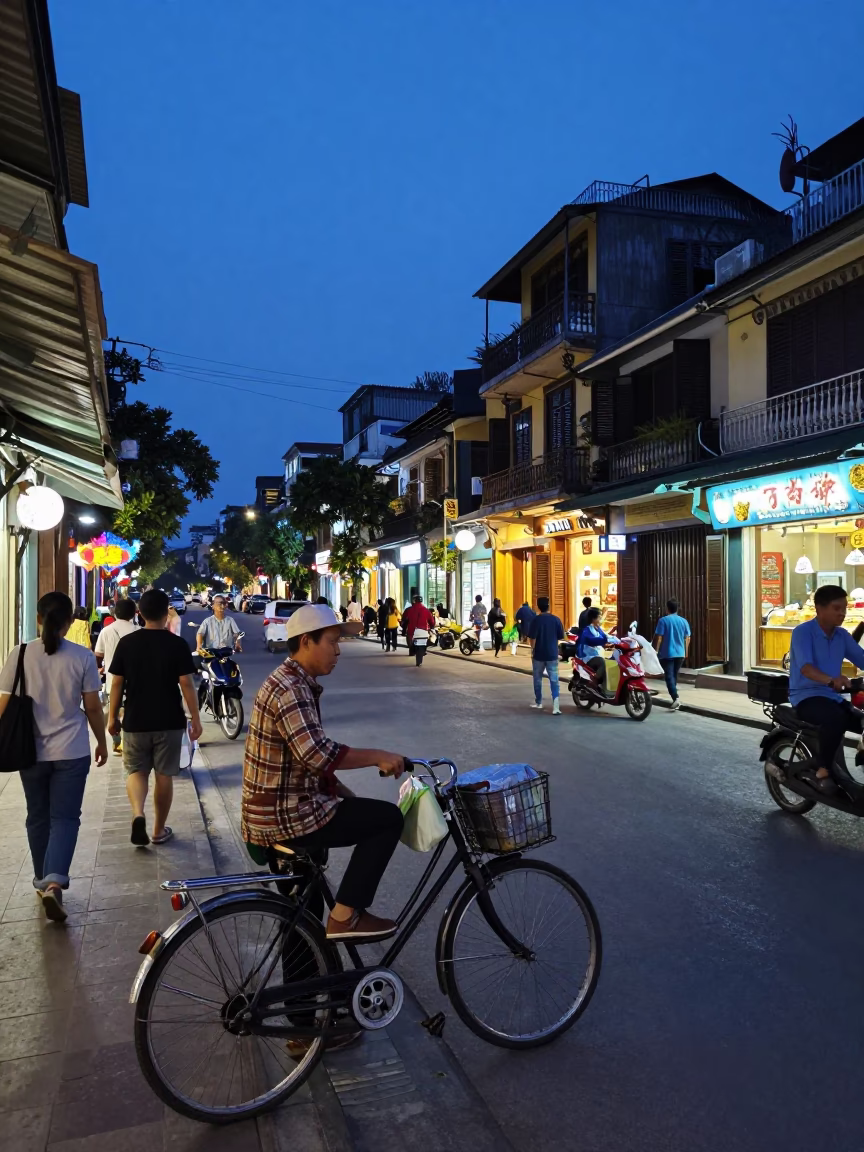 Twilight Street Scene in Hanoi Vietnam with Local Vendor and Pedestrians in in Hanoi, Vietnam