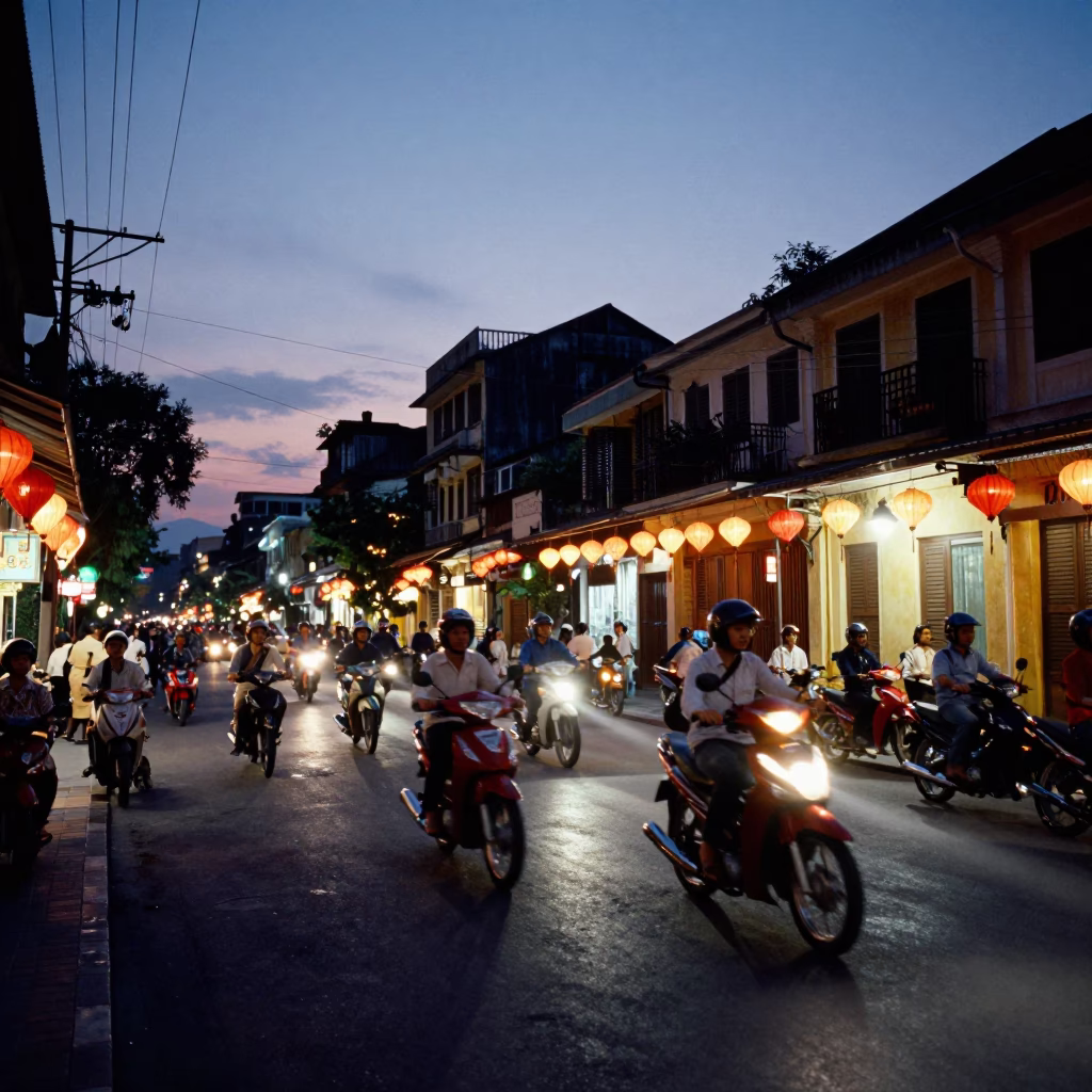 Twilight Street Scene in Hanoi Vietnam with Motorbikes and Lanterns in in Hanoi, Vietnam