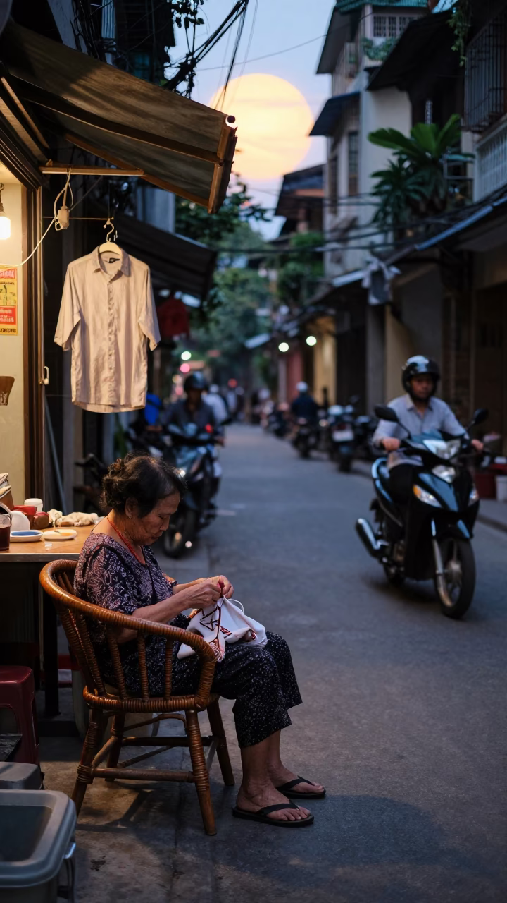 Twilight Street Scene in Hanoi Vietnam with Spindle Chair and Sun Stripe in in Hanoi, Vietnam