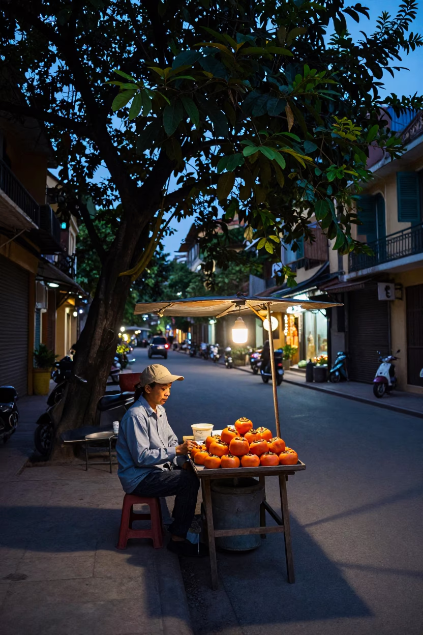 Twilight Street Scene in Hanoi Vietnam with Tamarind Tree and Local Life in in Hanoi, Vietnam