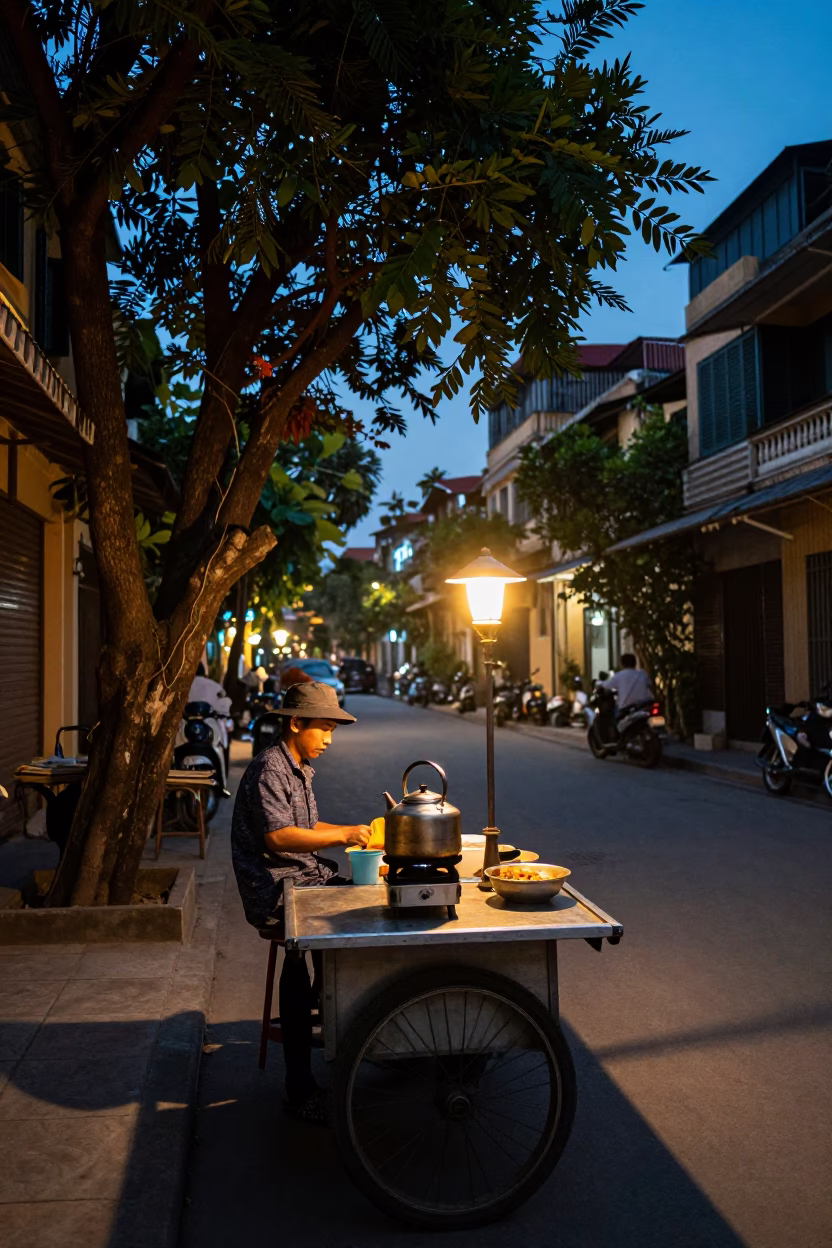 Twilight Street Scene in Hanoi Vietnam with Tamarind Tree and Vintage Kettle in in Hanoi, Vietnam