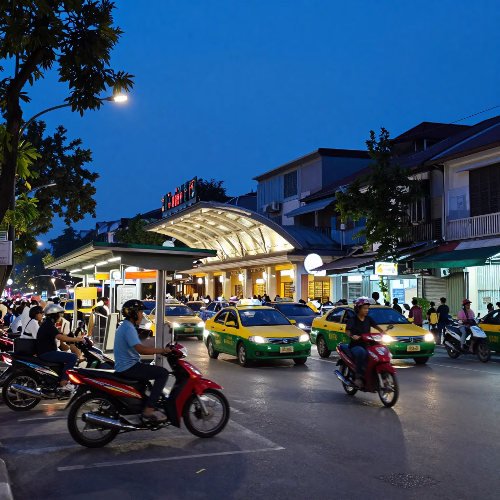 Twilight Street Scene in Hanoi Vietnam with Taxi Rank and Local Life in in Hanoi, Vietnam