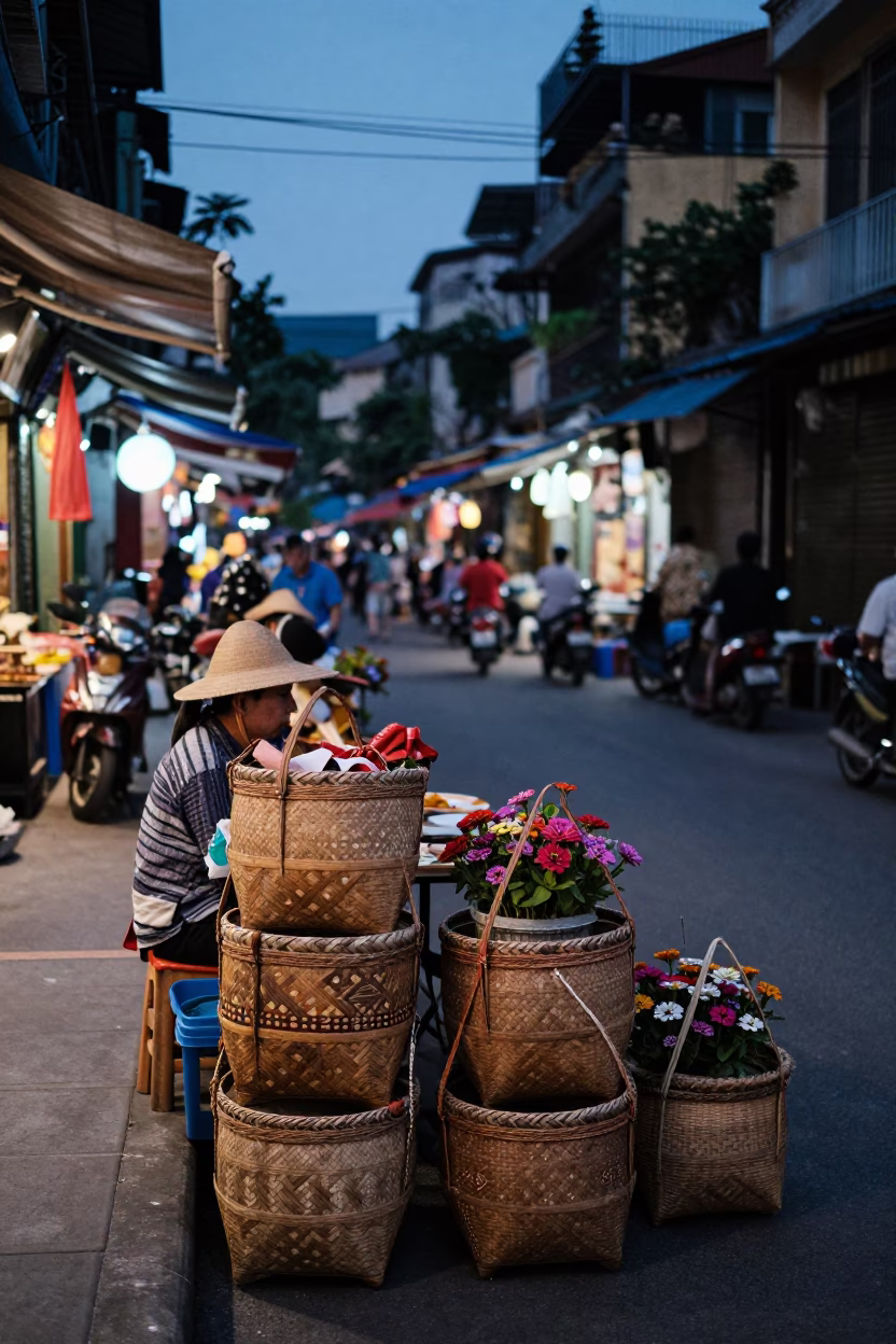 Twilight street scene in Hanoi Vietnam with woven baskets and zinnias in in Hanoi, Vietnam
