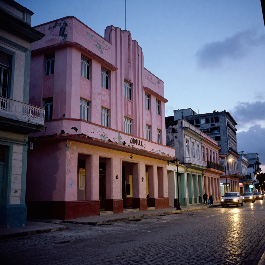 Twilight Street Scene in Havana Cuba Art Deco Facade and Local Life in in Havana, Cuba