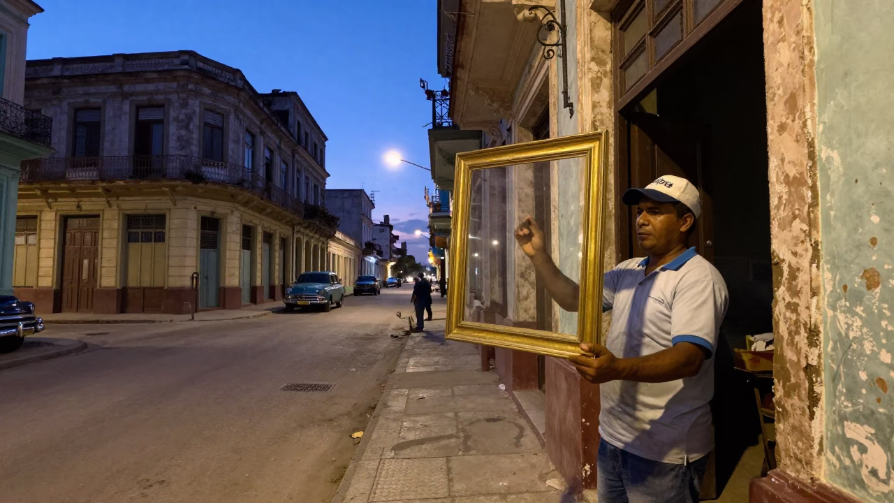 Twilight Street Scene in Havana Cuba with Brass Frame and Glass Tumbler in in Havana, Cuba