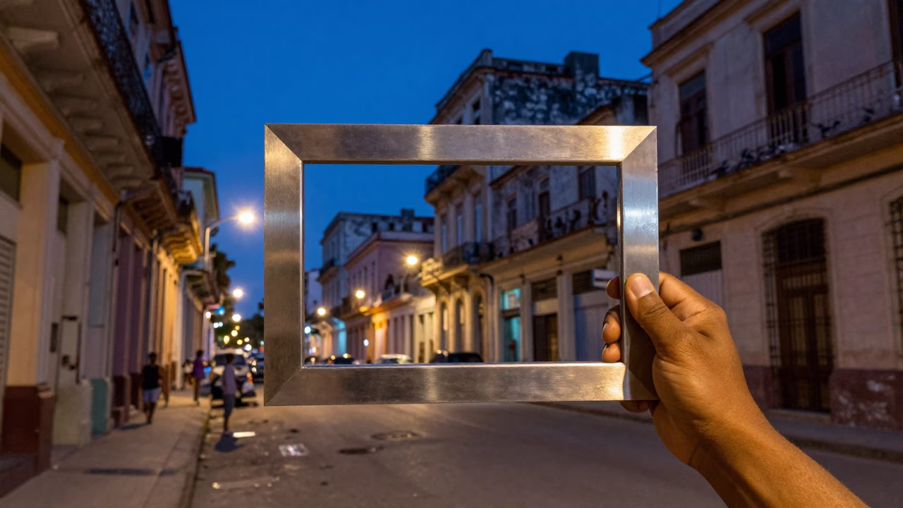 Twilight Street Scene in Havana Cuba with Brushed Steel Frame and Local Interaction in in Havana, Cuba