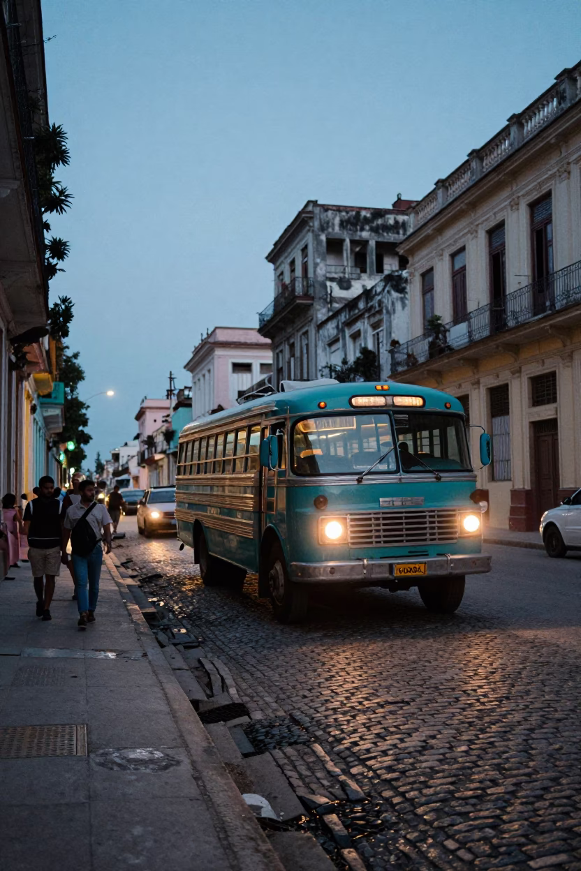 Twilight Street Scene in Havana Cuba with Classic Bus and Local Life in in Havana, Cuba