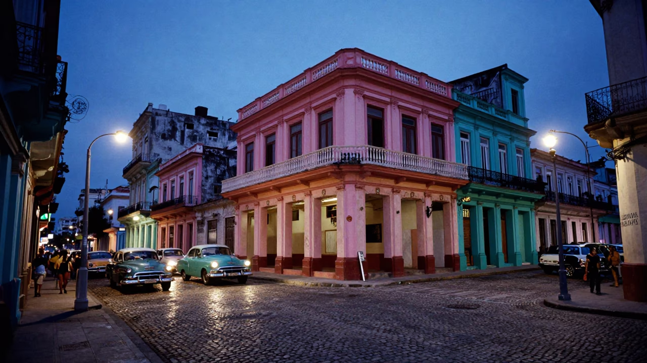 Twilight Street Scene in Havana Cuba with Cobblestones and Vintage Details in in Havana, Cuba