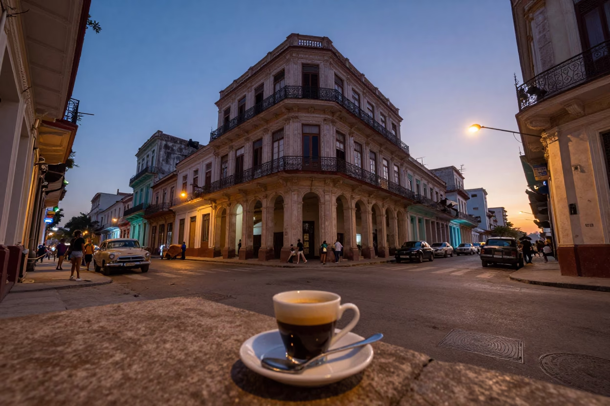 Twilight Street Scene in Havana Cuba with Espresso Cup and Agave Plant in in Havana, Cuba
