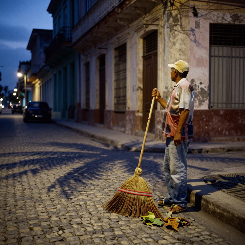Twilight Street Scene in Havana Cuba with Hand Broom and Leaf Shadows in in Havana, Cuba