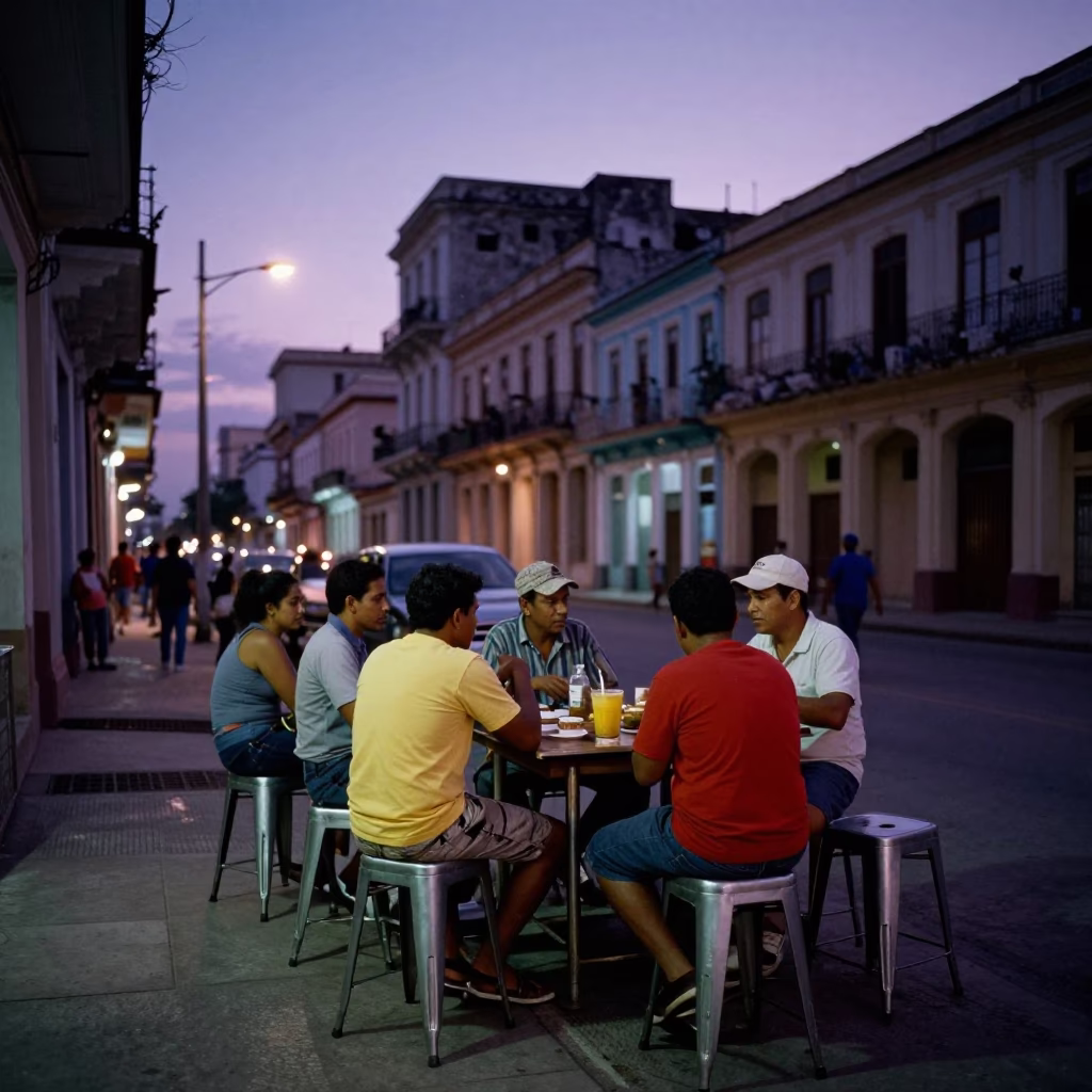 Twilight Street Scene in Havana Cuba with Metal Stools and Local Life in in Havana, Cuba