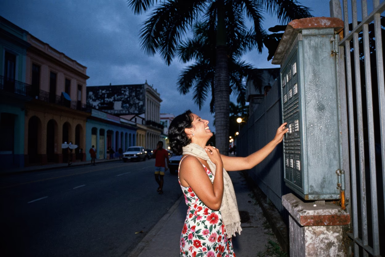 Twilight Street Scene in Havana Cuba with Palm Trees and Local Life in in Havana, Cuba
