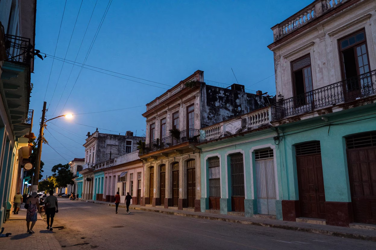 Twilight Street Scene in Havana Cuba with Power Lines and Vintage Cars in in Havana, Cuba