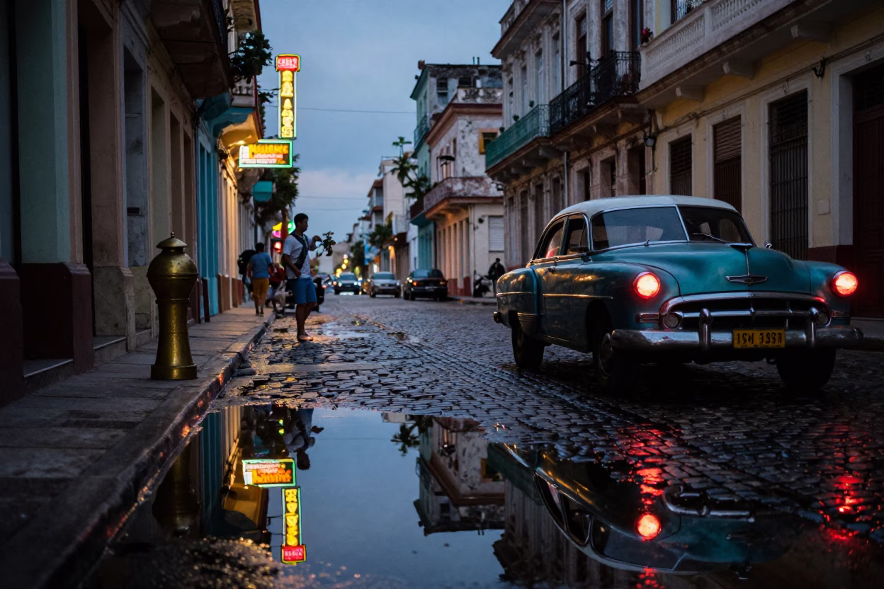 Twilight Street Scene in Havana Cuba with Puddle Reflections and Brass Rail in in Havana, Cuba