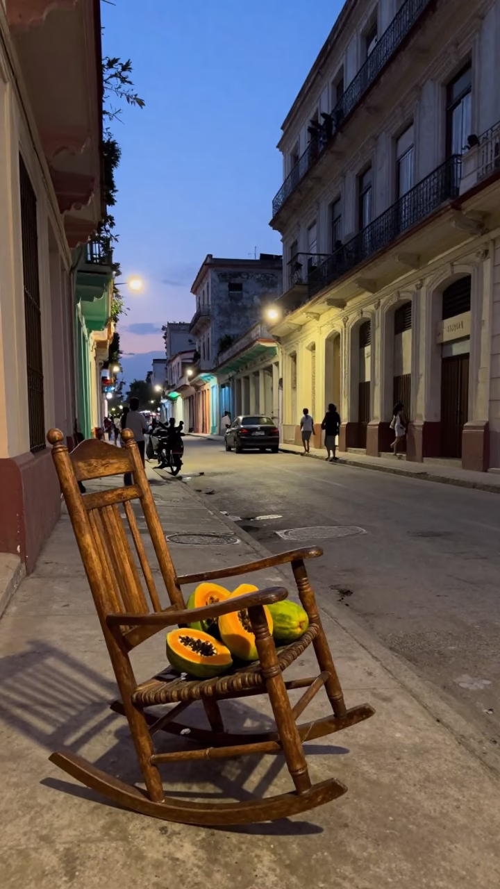 Twilight Street Scene in Havana Cuba with Rocking Chair and Papayas in in Havana, Cuba