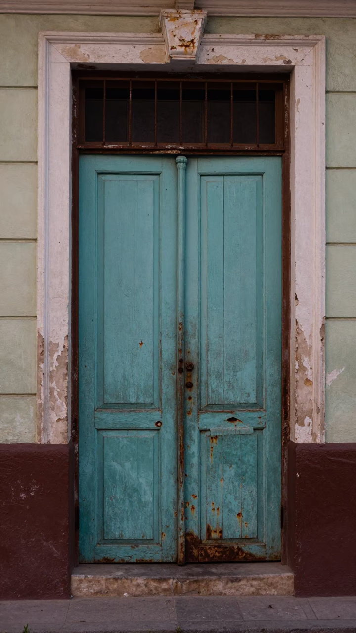 Twilight Street Scene in Havana Cuba with Rusty Metal Door and Motorcycle in in Havana, Cuba