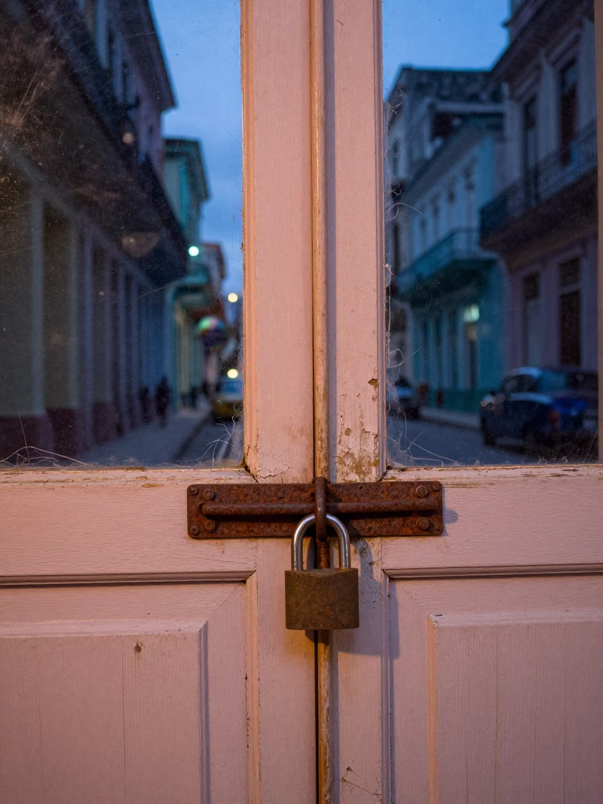 Twilight Street Scene in Havana Cuba with Scratched Window Glass and Vintage Padlock Details in in Havana, Cuba
