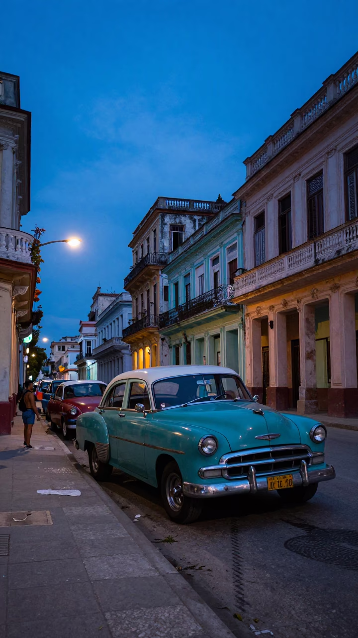 Twilight Street Scene in Havana Cuba with Vintage Car and Local Life in in Havana, Cuba