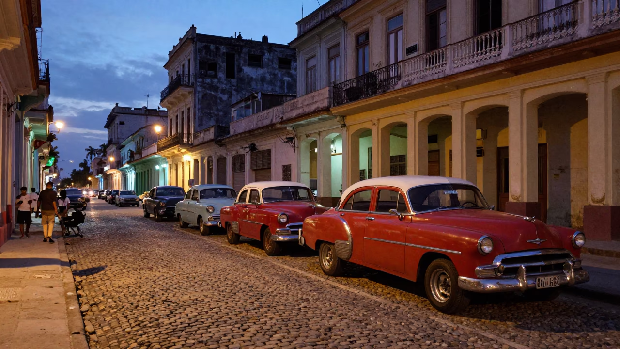 Twilight Street Scene in Havana Cuba with Vintage Cars and Local Life in in Havana, Cuba