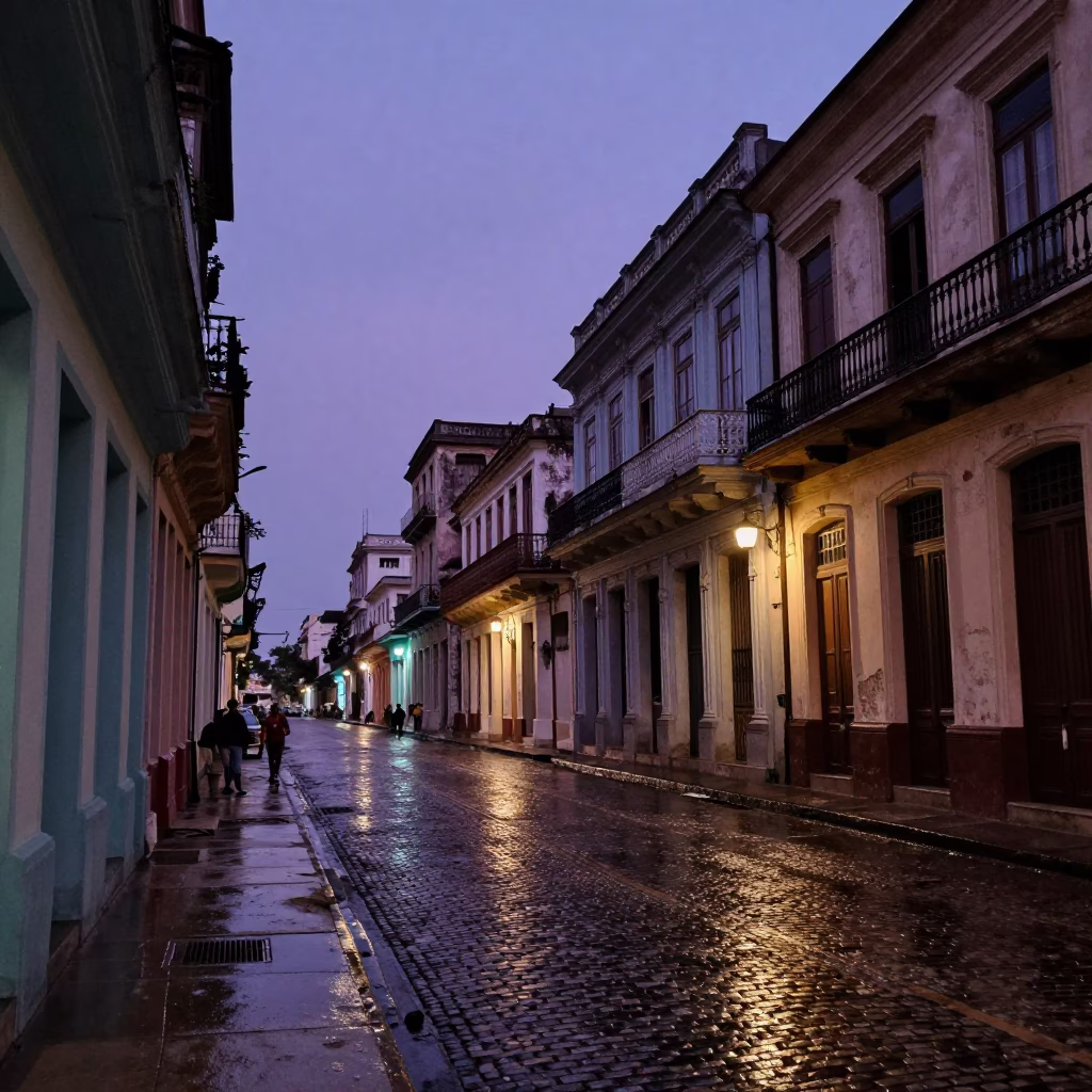 Twilight street scene in Havana Cuba with wet pavement and colonial architecture in in Havana, Cuba